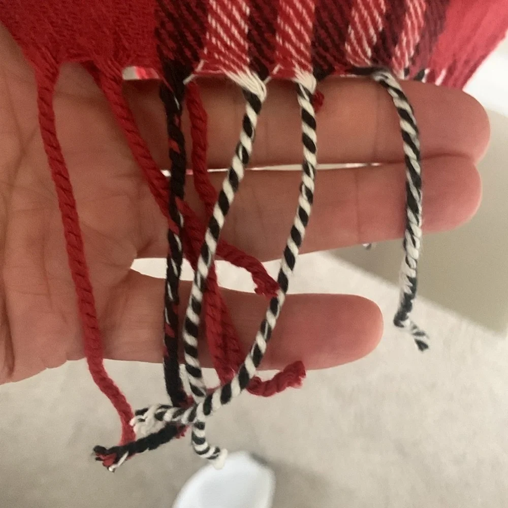 Cashmere winter scarf red black and white plaid with braided fringe